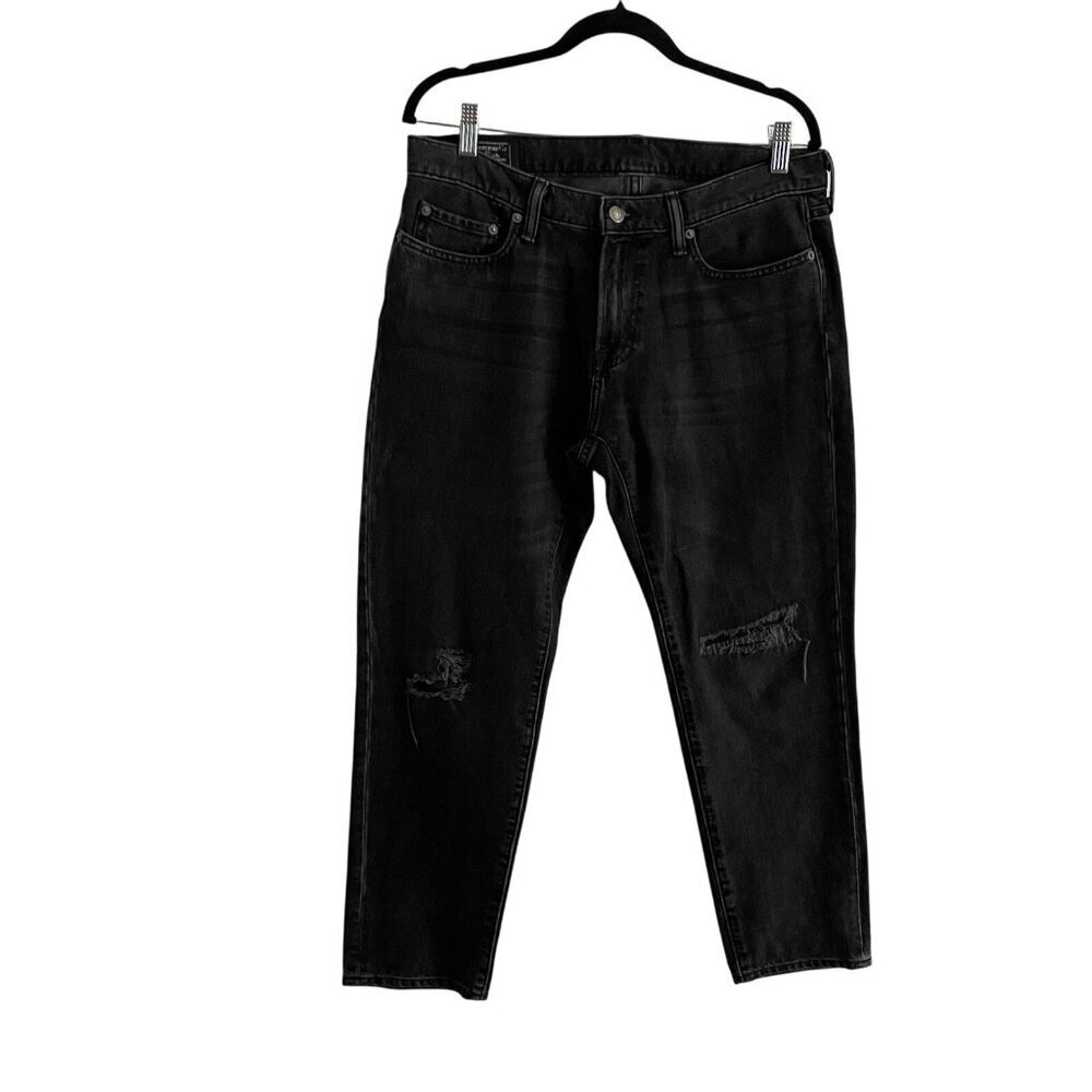 Abercrombie & Fitch Men 31X32 Black Distressed Denim Stretch Langdon Slim Jeans